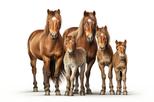 Image of family group of brown horses on white background. Wildlife Animals. Illustration, Generative AI.