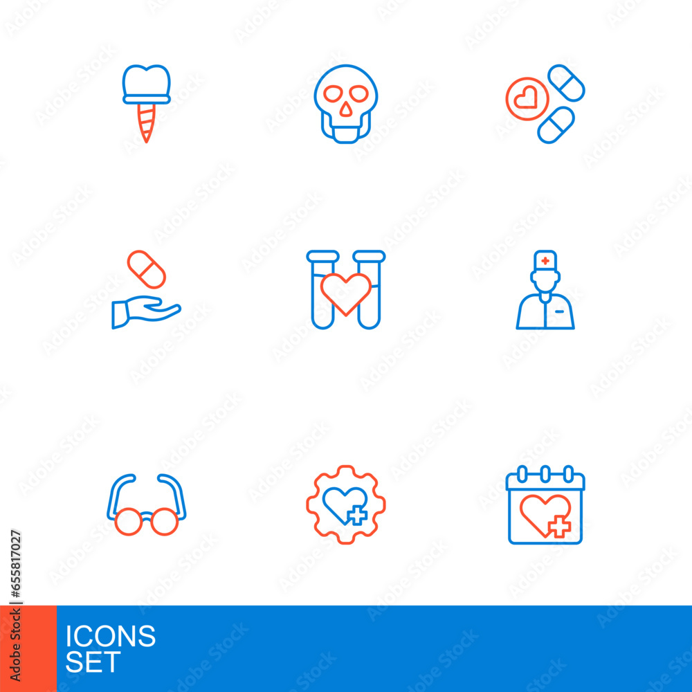 Wall mural Set line Doctor appointment, Heart with cross, Glasses, Male doctor, Medical prescription, Test tube blood, Medicine pill tablet and Skull icon. Vector