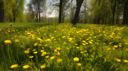 Meadow with yellow dandelions in springtime. Nature background, for banner background. - obrazy, fototapety, plakaty