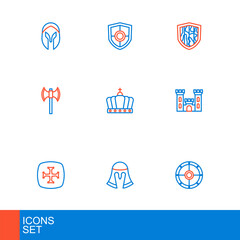 Set line Round shield, Medieval helmet, Crusade, Castle, poleaxe, King crown, Shield and icon. Vector