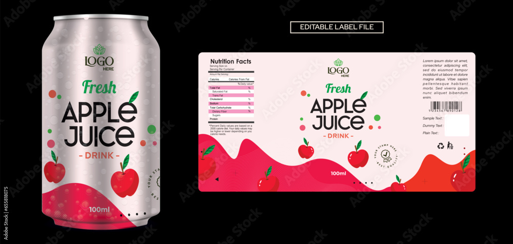 Wall mural apple juice label design fresh, delicious, eye-catching product design for bottle packaging apple ju