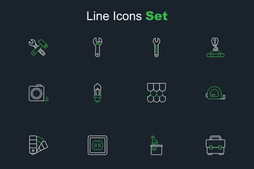 Set line Toolbox, Paint bucket with brush, Electrical outlet, Color palette guide, Roulette construction, Roof tile, Light bulb and icon. Vector