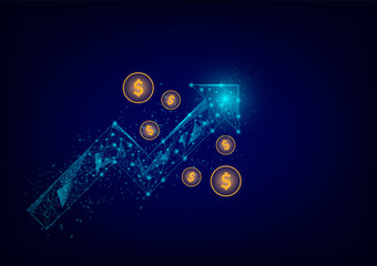 Obraz premium Stock and investment concept. A low polygon with a wireframe of the upper arrow and shiny dollar coin on a dark background. Burish market, profit of wealth, High-risk high return, business growth up.
