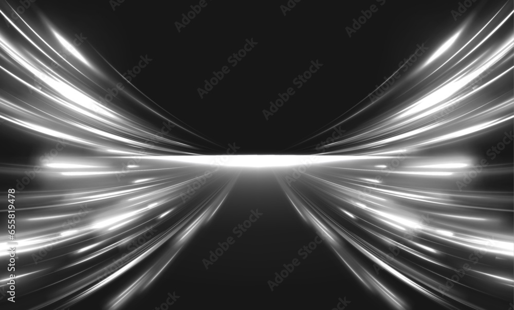 Poster abstract glowing lines of white color on a black background in the form of an motorway. vector futur