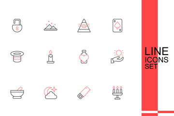 Set line Candlestick, Hand saw, Moon stars, Witch cauldron, Ball levitating above hand, Bottle with love potion, Burning candle and Magic hat icon. Vector