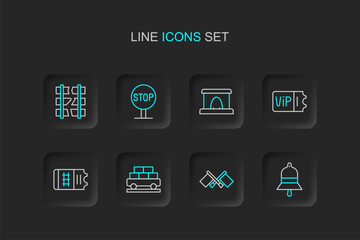 Set line Train station bell, Flag, Cargo train wagon, ticket, Railway tunnel, Stop sign and Broken or cracked railway icon. Vector