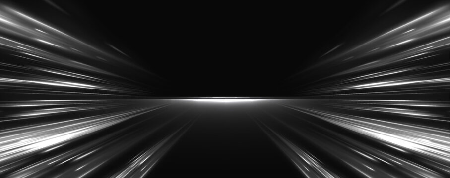 Abstract glowing speed lines, moving cars with white headlights on a dark highway. Vector glitter light fire flare trace. Abstract image of speed motion on the road. 