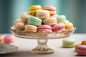 Assortment of pastel-colored macarons neatly arranged on a vintage tray. Generative AI
