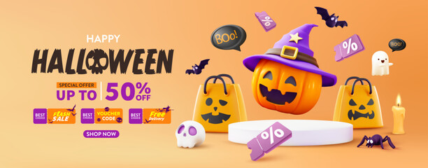 Halloween Sale Promotion Poster template with Halloween pumpkins,cute ghost,coupon,shopping bag .Website spooky or banner template. Vector illustration eps 10