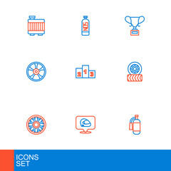 Set line Fire extinguisher, Racing helmet, Alloy wheel for car, Car tire, Award over sports winner podium, cup and Nitrous oxide icon. Vector