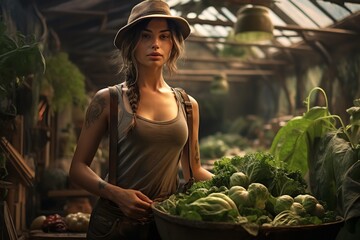 a woman is standing with a basket full of vegetables in an organic greenhouse, in the style of australian landscapes, cowboy imagery, smilecore, lightbox, 