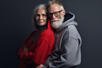 Obraz premium an old man and woman in a gray hoodie hugging together, in the style of youthful energy, combining natural and man-made elements
