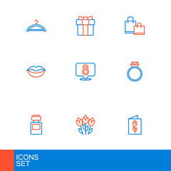 Set line Greeting card with 8 March, Flower tulip, Perfume, Diamond engagement ring, Smiling lips, Paper shopping bag and Gift box and heart icon. Vector