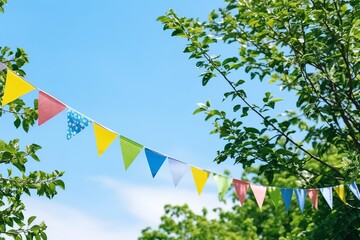 Colorful pennant string decoration in green tree foliage on blue sky, summer party background  - Powered by Adobe