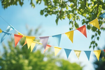 Colorful pennant string decoration in green tree foliage on blue sky, summer party background  - obrazy, fototapety, plakaty