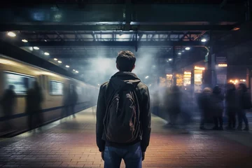 Foto op Aluminium Long exposure picture with lonely young man shot from behind at subway station with blurry moving train and walking people in background © Nate