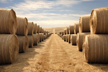 path through large stacks of hay bales in rolling hills countryside - obrazy, fototapety, plakaty