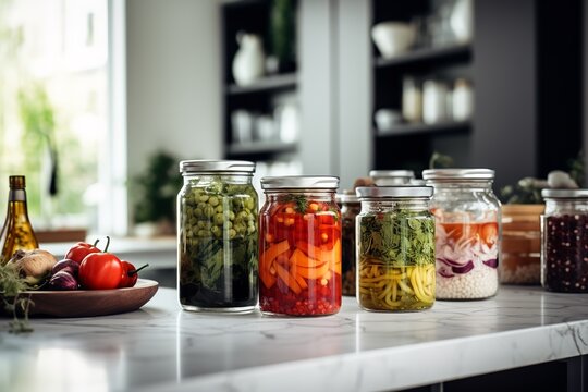 Masterpiece, fermented vegetables in glass jars on the table, white modern kitchen with windows background, 