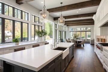 Traditional kitchen in beautiful new luxury home with hardwood floors, wood beams, and large island quartz counters. Includes farmhouse sink, elegant pendant lights, and large windows.