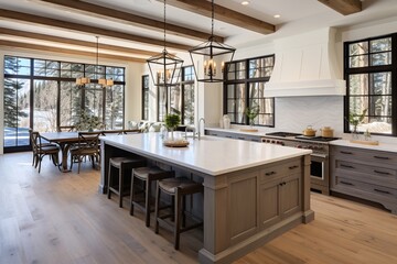 Traditional kitchen in beautiful new luxury home with hardwood floors, wood beams, and large island quartz counters. Includes farmhouse sink, elegant pendant lights, and large windows. - obrazy, fototapety, plakaty