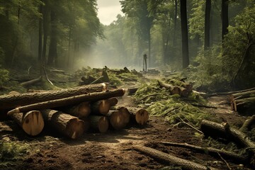 trees are cut down on a forest, in the style of use of ephemeral materials - obrazy, fototapety, plakaty