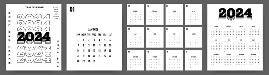 Calendar 2024 year. Week starts on Sunday. Design for planner, printing, stationery, organizer.