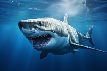 Obraz premium white shark, in blue water, scars