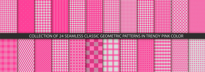 Collection of 24 houndstooth seamless patterns in trendy pink color. Pied de poule texture. Repeating pepita plaid patern for design prints. Simple abstract plaid dogstooth. Vector illustration - obrazy, fototapety, plakaty