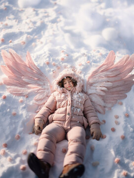 Child with Pastel Pink Jacket and Wings Reveling in the snow