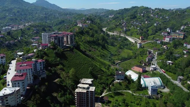 Overhead view of Rize, Turkey, highlighting the cityscape and vast green tea plantations in the mountainous area. The picturesque landscape of Turkish city from above.