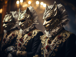 Masquerade Elegance: A Group of Individually Dressed Individuals in Cat Masks