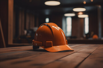 Orange hard hat on construction site background with copy space. Industrial concept, work protection, construction safety industry concept