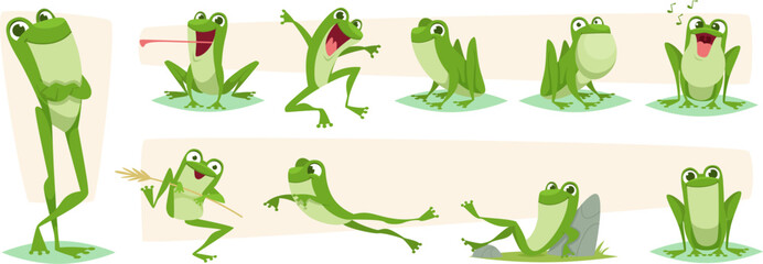 Cartoon frog. Lizards and frog funny action poses exact vector characters isolated - obrazy, fototapety, plakaty