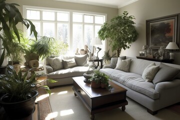 Inviting neutral living space adorned with comfortable sofa and greenery. Generative AI