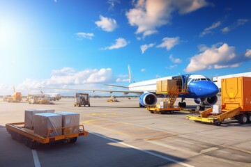 Airplane loading cargo on runway with shipping packages, freight containers, and blue sky background. Airport overview with cargo planes. Generative AI - obrazy, fototapety, plakaty