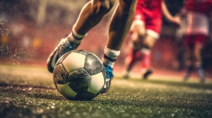 Soccer players play soccer at the stadium during a match. Attack. Bottom view. Football