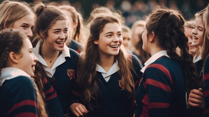 Girls from the school sports team celebrate their victory.