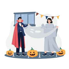 Couple trying dressed spooky outfits illustration