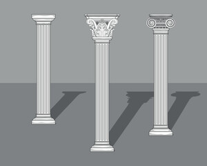Obraz premium Greek Columns, Dorica, Jonica, Corinthia, illustration of famous Greek columns with gray background.