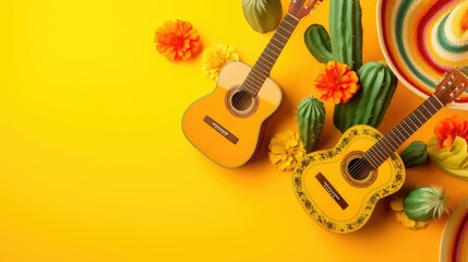 Cinco de Mayo holiday background. Cactus, guitar and hat on a yellow background. Sambrero, flowers. Postcard, advertising