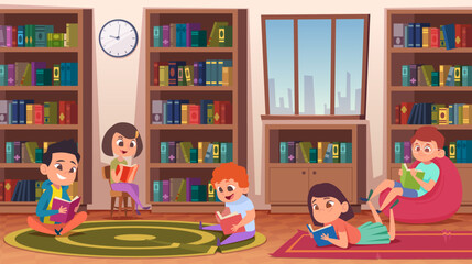 Library. Kids education people reading books in library interior exact vector cartoon background - obrazy, fototapety, plakaty