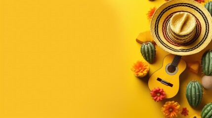 Cinco de Mayo holiday background. Cactus, guitar and hat on a yellow background. Sambrero, flowers. Postcard, advertising - obrazy, fototapety, plakaty