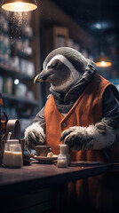 Penguin's Espresso Break: A Penguin Enjoying a Relaxing Espresso at the Cozy Bar - obrazy, fototapety, plakaty