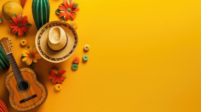 Cinco de Mayo holiday background. Cactus, guitar and hat on a yellow background. Sambrero, flowers. Postcard, advertising