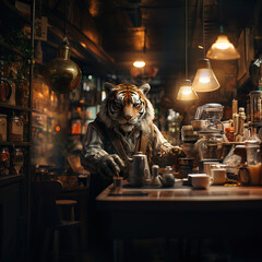 Fototapeta na wymiar Dressed Tiger Barman at the Bar
