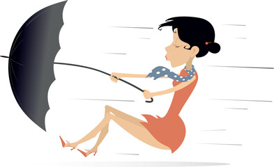 Woman, umbrella and windy and rainy day. 
Young woman with umbrella staying on the strong wind. Isolated on white background
