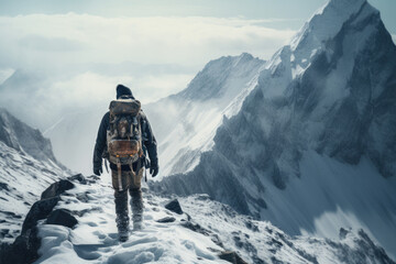 climber on the top of snowy mountain. Hiking and adventure background
