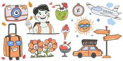 set of cute travel cartoon aesthetics vector isolated design  