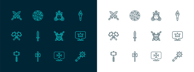 Set line Torch flame, Medieval axe, Shield with swords, Crusade, Princess queen, Crossed medieval and Round wooden shield icon. Vector