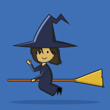 The cute little witch who was flying on a broomstick